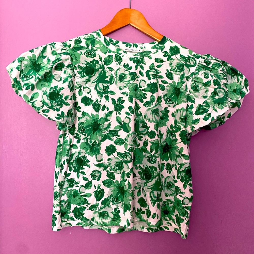 Pretty Zara top . Green and white floral. Size medium.